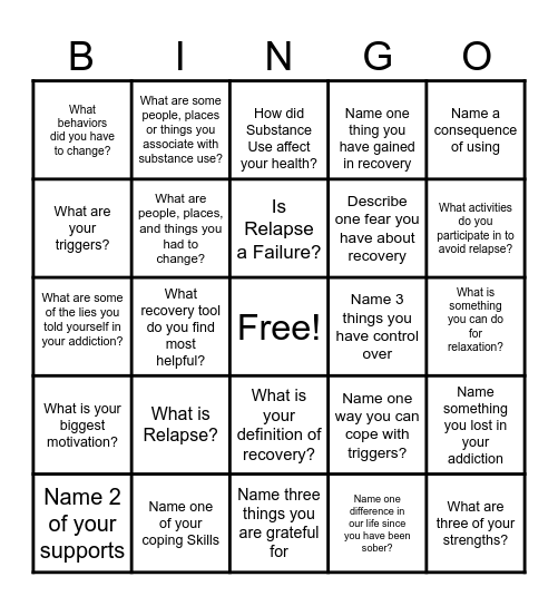 Recovery Bingo Card