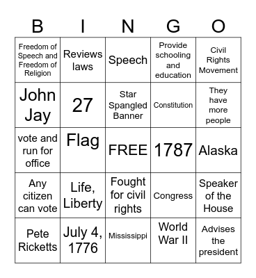 Citizenship Bingo Card