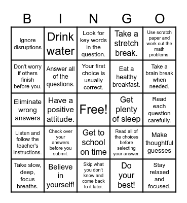 Test Taking Strategies Bingo Card