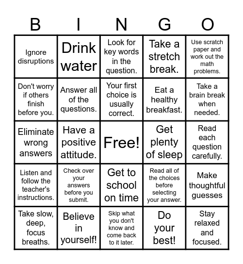 Test Taking Strategies Bingo Card