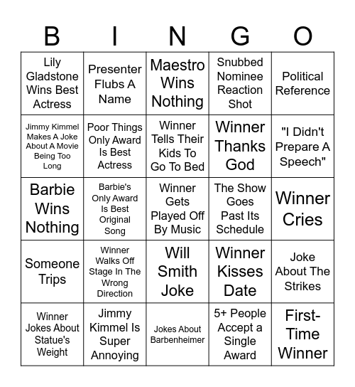 Oscars 2024 Bingo Card