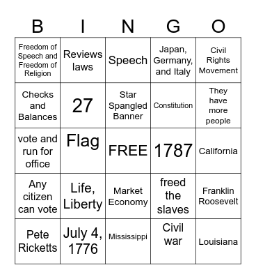Citizenship Bingo Card
