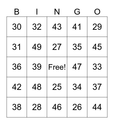 Number Bingo Card