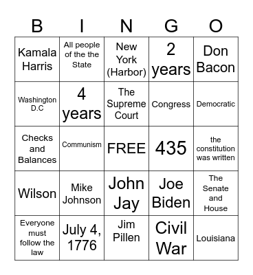 Citizenship Bingo Card