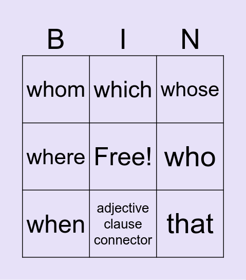 ADJECTIVE CLAUSE CONNECTORS Bingo Card