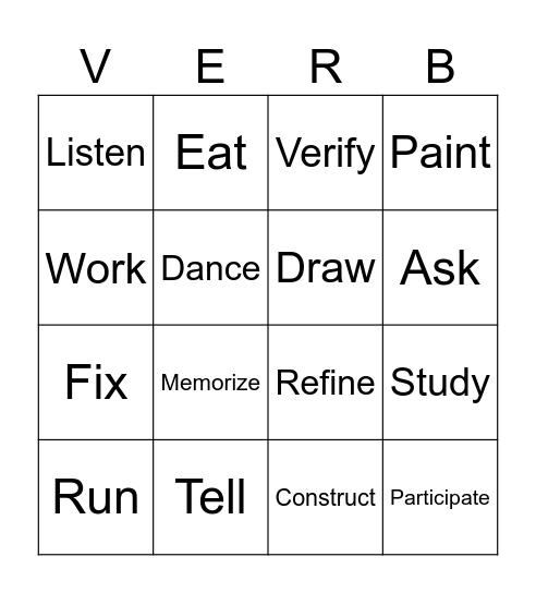 Verb Bingo Card