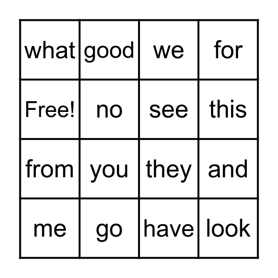 Sight Word BINGO Card