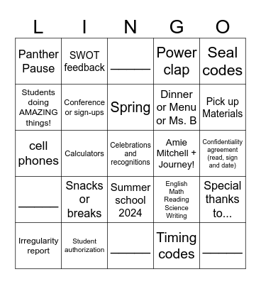 OHS Staff Meeting 3/4/24 Bingo Card