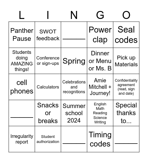 OHS Staff Meeting 3/4/24 Bingo Card