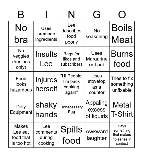 Kay's Cooking Bingo Card