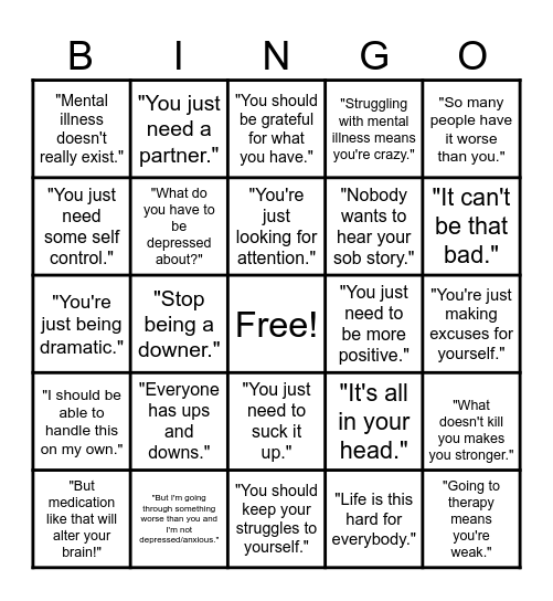 Mental Health Stigma Bingo Card