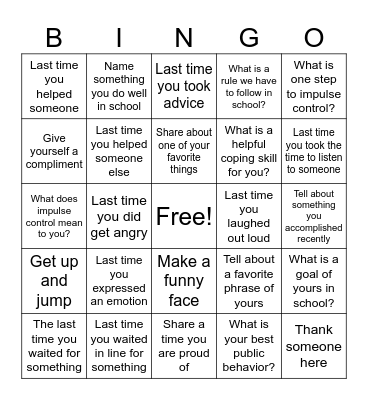 Impulse Control Bingo Card