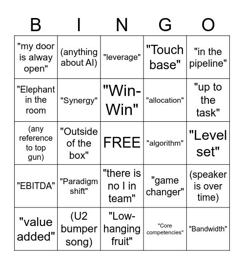 Corporate show bingo Card