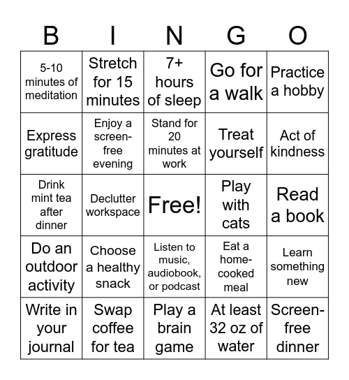 Wellness Bingo Card