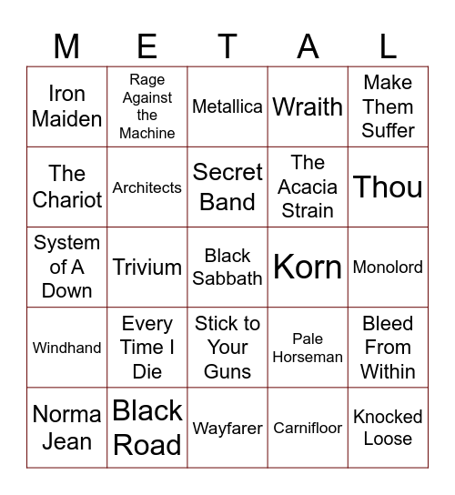 Metal Bingo Round 2 Bingo Card