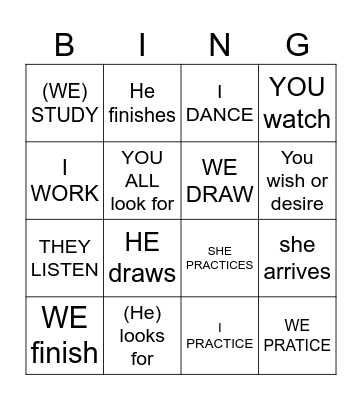 AR VERBS Bingo Card