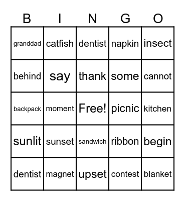 Frequency Words Bingo Card