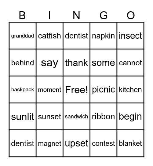 Frequency Words Bingo Card
