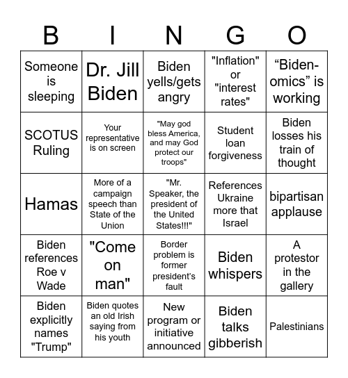 State of the Union 2024 Bingo Card