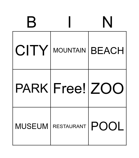 Places to Visit Bingo Card