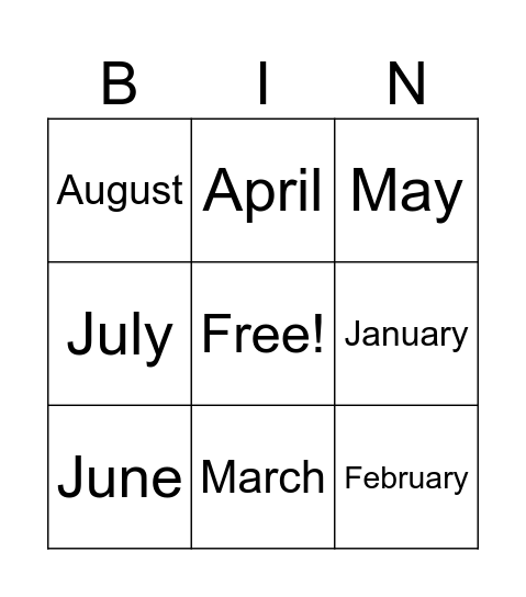 Months of the Year Bingo Card