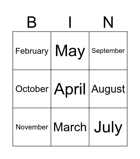 Months of the Year Bingo Card