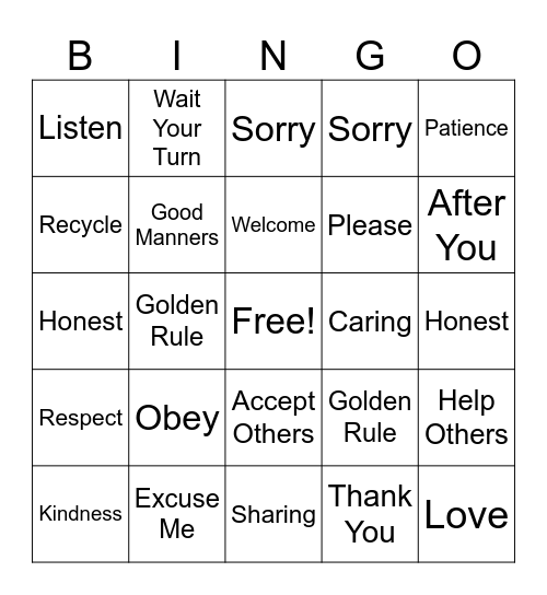 Manners Bingo Card