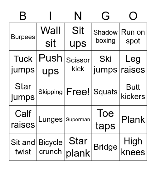 Fitness Bingo Card