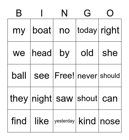 Long I Bingo Card