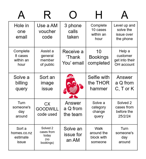 CX Aroha Bingo Card