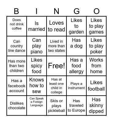 Get Acquainted Bingo Card