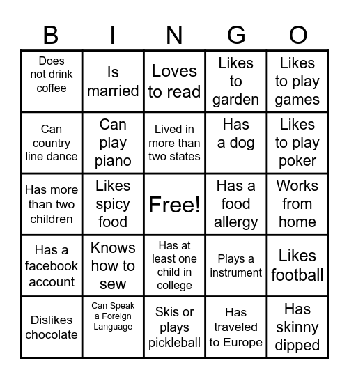 Get Acquainted Bingo Card
