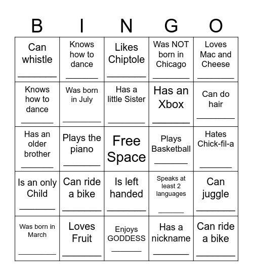 YOUTH HUMAN BINGO Card