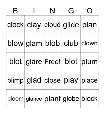 Book 2 - Lesson 1 - Phonics bl, pl, gl, cl Bingo Card