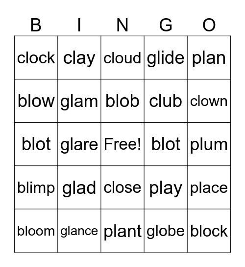 Book 2 - Lesson 1 - Phonics bl, pl, gl, cl Bingo Card