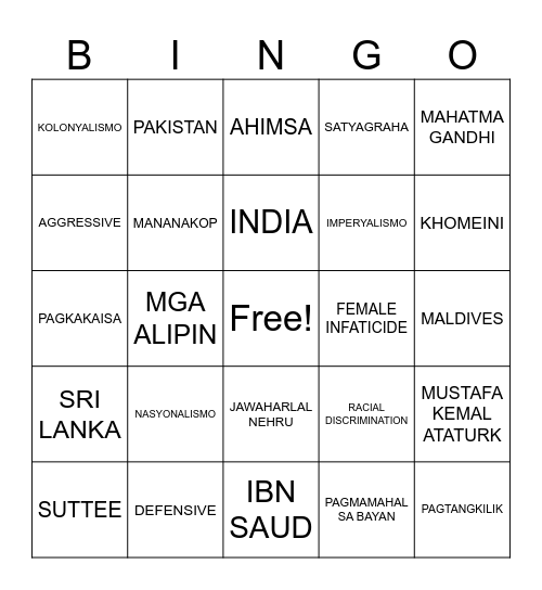 NASYONALISMO SA K & T ASYA Bingo Card