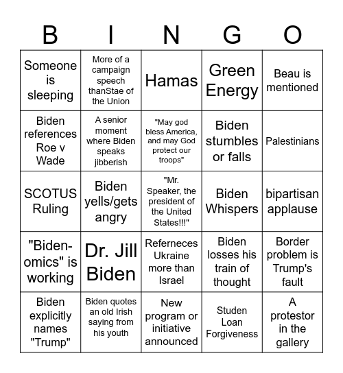 State of the Union 2024 Bingo Card