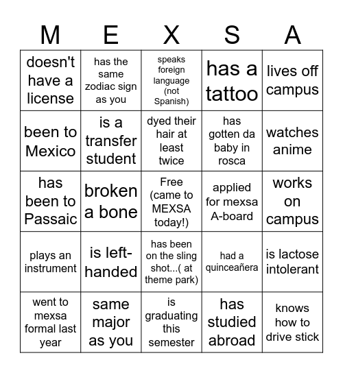 MEXSA Bingo Card