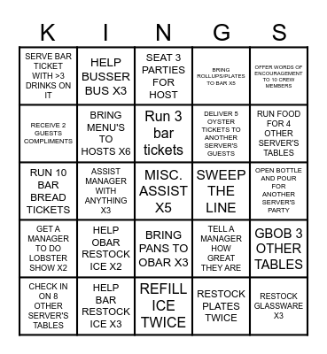 Server Assist Bingo Card