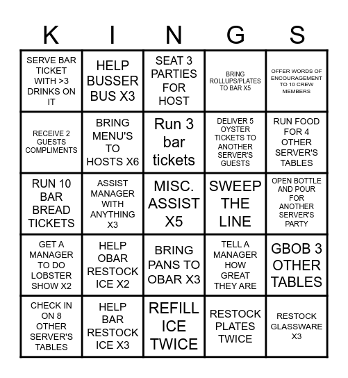 Server Assist Bingo Card