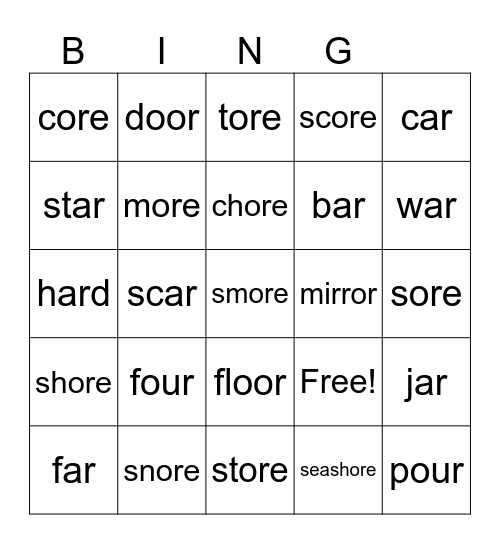 "AR" and "OR" Bingo Card