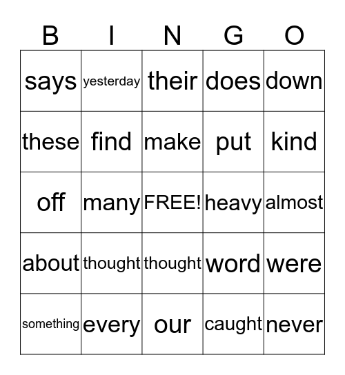 Sight Word Bingo Card