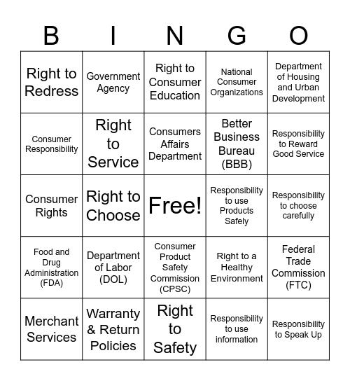 Consumer Rights and Responsibilities Bingo Card