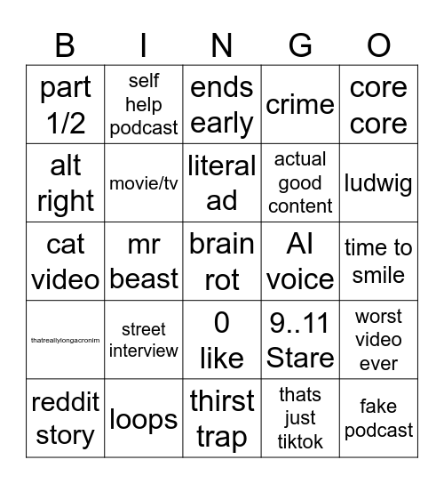 shorts bingo Card