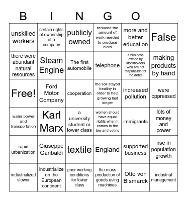 Industrial Revolution Bingo Card