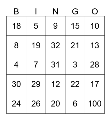 Number Bingo!  Bingo Card