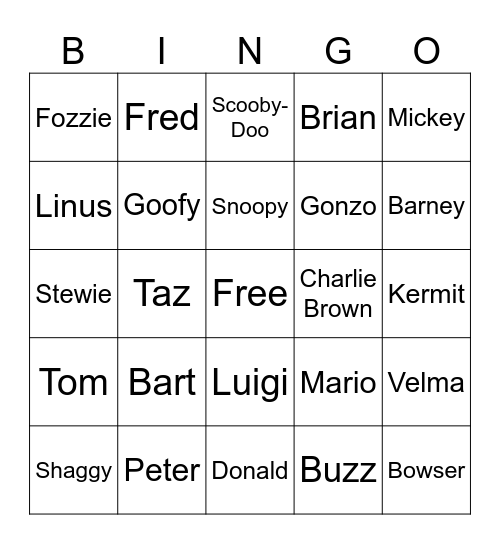 Cartoon Characters Bingo Card
