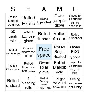 Jam's SOL RNG bingo Card