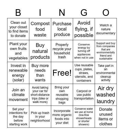 NGO Day - Sustainability Bingo Card