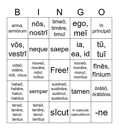 Latin Vocabulary Weeks 3-7 Bingo Card